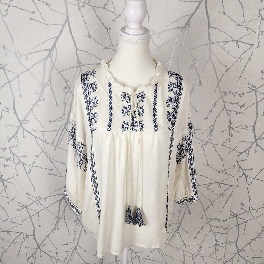 Fame Forever White Navy Cross Stitch Embroidered Peasant Top